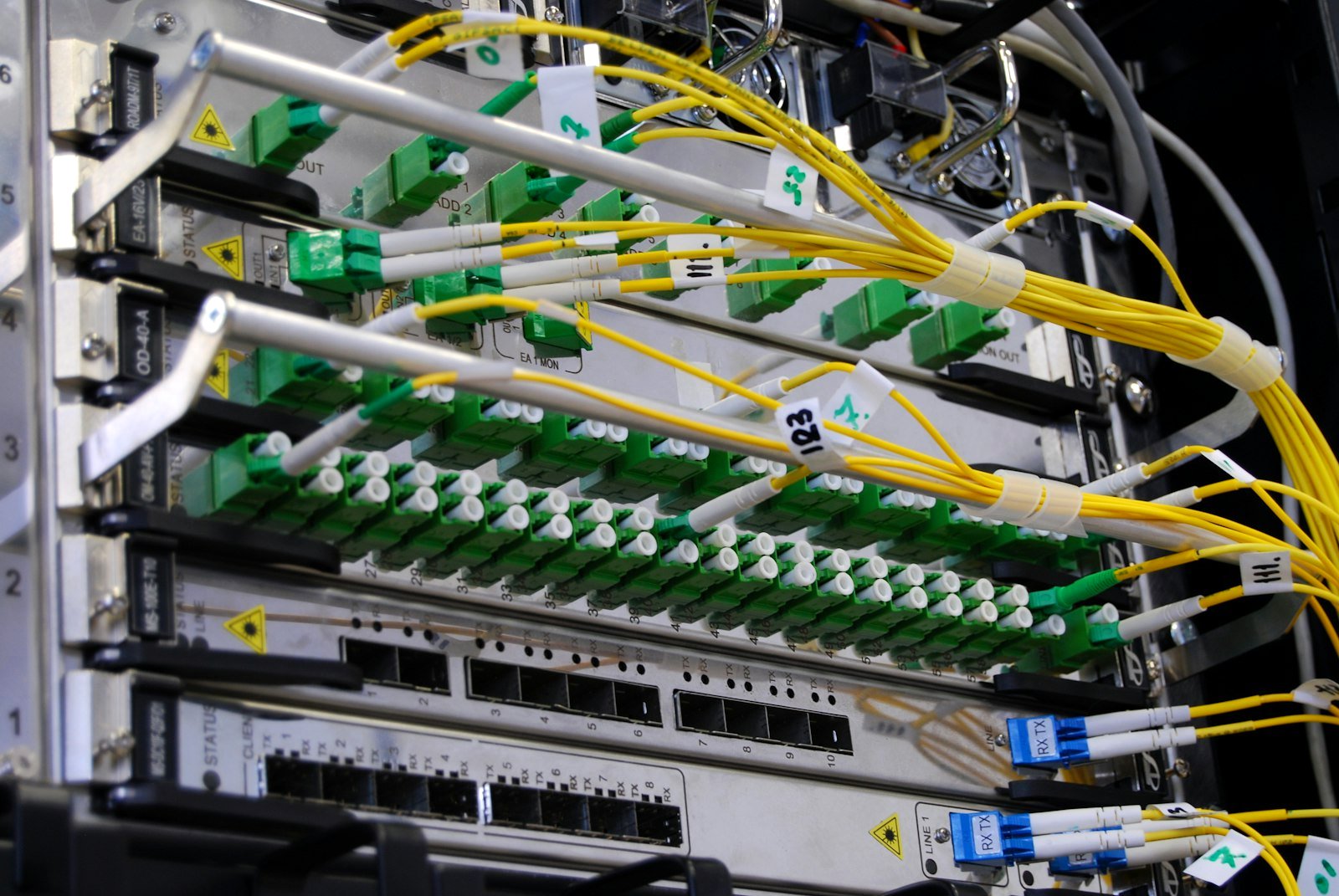 Fiber optic patch panels in a network cabinet - the backbone of terrestrial internet in Rwanda