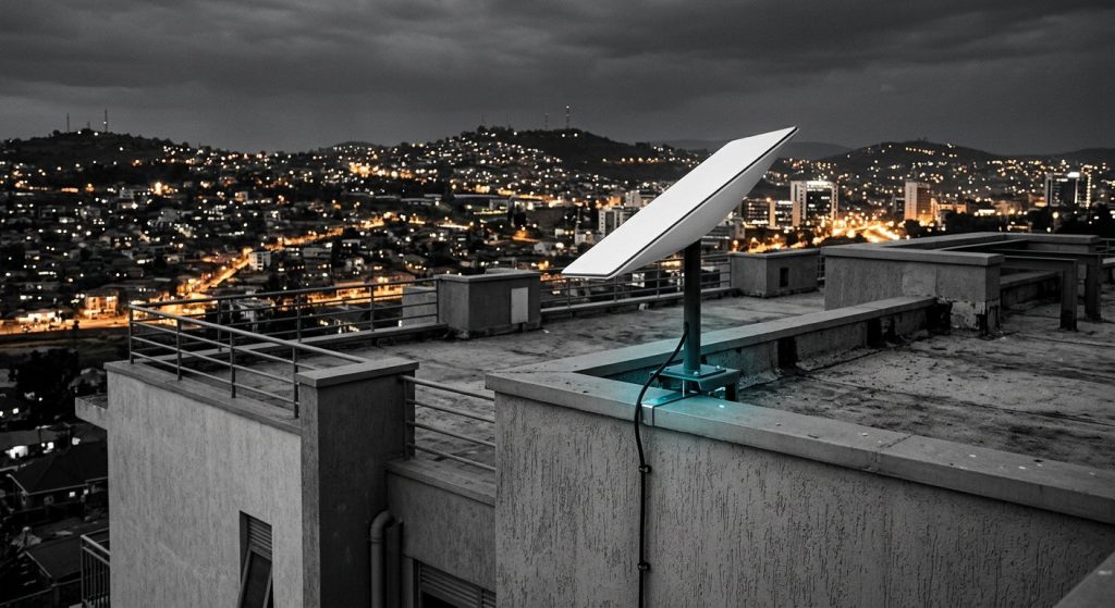 Starlink dish professionally installed on a Kigali rooftop — Starlink price in Rwanda from 450,000 RWF